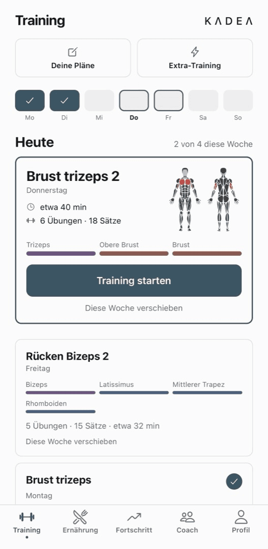Die Trainingsübersicht in der KADEA-App