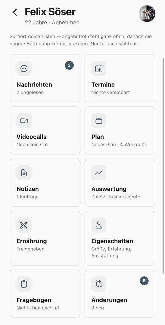 Die Trainer-Ansicht am Telefon